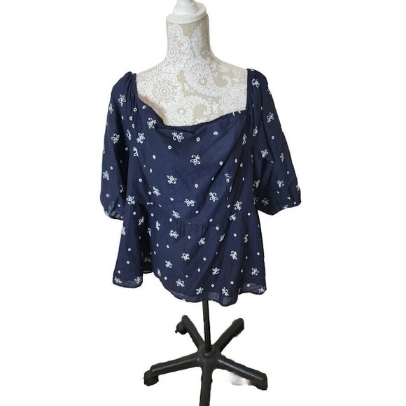 LANE BRYANT Womens top Navy Floral Off-The-Shoulder 3/4 Sleeve Peplum Blouse 18 - Picture 1 of 7